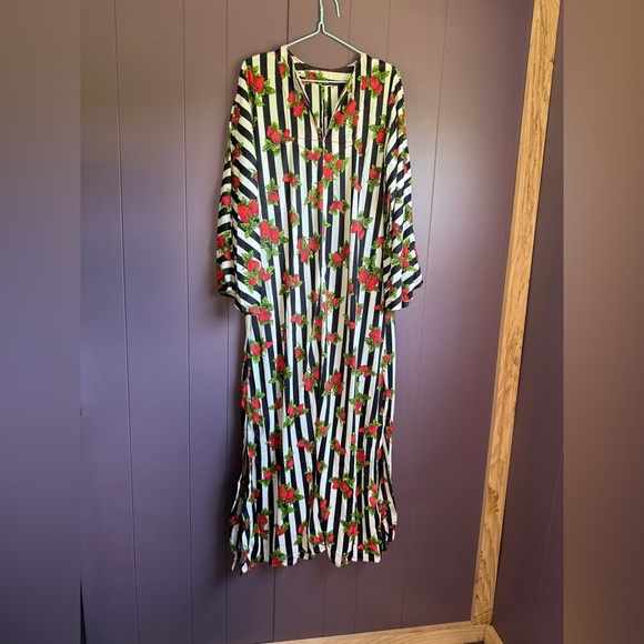 Vintage 70s Strawberry Stripe Maxi Dress – Long Sleeve Fruit Print Slip - Picture 5 of 7